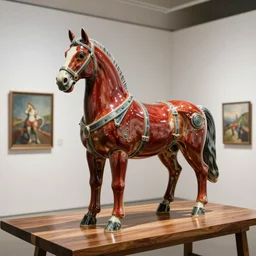 beautiful gallery show studio photograph of a giant realistic round biomechanical ceramic sculpture of a plough horse, oxblood glaze, placed on a polished wooden table, colorful hyperrealism 8 k trending on artstation