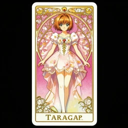 sakura cardcaptor, centralized full body, a tarot card with a woman in a flower dress, a character portrait by naoko takeuchi, deviantart, art nouveau, tarot card, rococo, sharp focus, smooth, crisp lines, detailed, elegant, gold magenta palette, official art