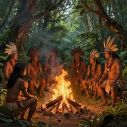 a beautiful matte painting of an indigenous tribe around a bonfire in the jungle, fantasy art, epic lighting, beautiful composition, matte painting, highly detailed