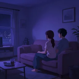 a couple sitting on a sofa watching tv in a living room at night, chillwave wallpaper, featured on tumblr, anime, detailed, wallpaper, dark blueish purple theme