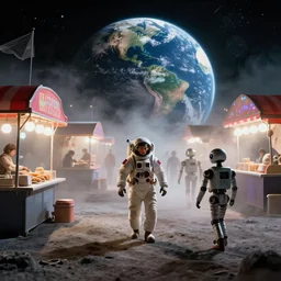 Diorama of the arrival of man to the moon, fog, humanoid robots walk, lunar walk, with the image of planet Earth in the background, year 1968, With street food stalls, street marinship stalls, dense atmosphere, colored lights, night scene, psychedelic lights in the stalls Style, Realistic, many details, ultra detailed, octane render, real engine 5
