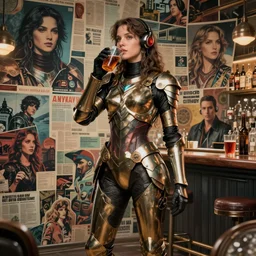 hyperdetailed beautiful armored girl in bar calling you. cinematic. wide angle. artstation hq. intricate. marat zakirov. helen ilnytska. incredible background. vincent di fate. light by stuart lippincott. full height. decollage. assemblange. cgsociety. 8 0 s sci fi art