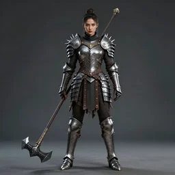 full body photo of afemale warrior with spiky armour with a medieval flail, highly detailed, dramatic lighting, cinematic, 4k