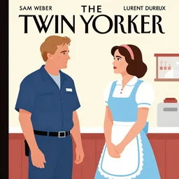 Twin Peaks art, of Michael Shannon dressed as mechanic talking to Jennifer Connelly wearing light blue diner waitress dress, poster artwork by Sam Weber, Laurent Durieux, Katherine Lam from scene from Twin Peaks, simple illustration, domestic, nostalgic, from scene from Twin Peaks, clean, New Yorker magazine cover
