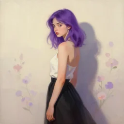girl with purple hair and black skirt, flower decoration on the background, a beautiful half body illustration, top lighting, perfect shadow, soft painting, art by piotr jablonski and sergey kolesov