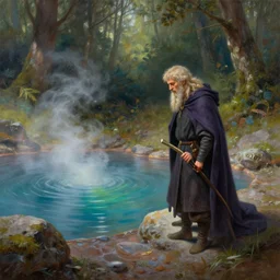 a mage finding a colorful hotspring deep in the forest, oil painting, highly detailed, medieval fantasy, featured on artstation