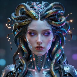 a cyberpunk close up portrait of cyborg medusa, electricity, rainbow, snakes in hair, sparks, bokeh, soft focus, sparkling, glisten, water drops, cold, dark, geometric, by unreal engine, paul lehr, jesper ejsing
