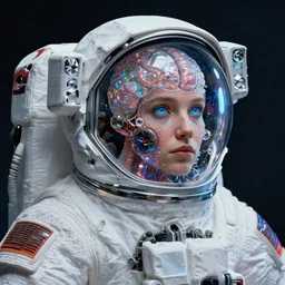 realistic extremely detailed  photo style portrait painting of a complete astronaut suit with exposed diamond 3d fractal lace iridescent bubble 3d skin clear brain , retro futuristic ,water , style hybrid mix of booplex and Anton Pieck, rich moody colors,diamond dust glitter and sparkles, holographic krypton ion,blue eyes,octane render,4k,f32