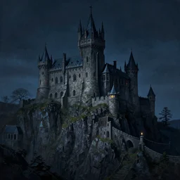 a poster style painting of at night, a gothic castle on a cliff with a starry moon 🌙 in the background ， by abigail larson, 8 k, hd, artstation