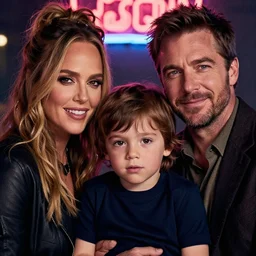 dslr photo, family, colin farrell with jessica alba, with a kid, neon light, detailed faces, by gaston bussiere, craig mullins, j. c. leyendecker