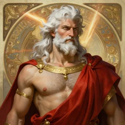 painted portrait of rugged zeus, god of thunder, greek god, white hair, masculine, mature, handsome, upper body, red and gold, cold, muscular, hairy torso, fantasy, intricate, elegant, highly detailed, digital painting, artstation, concept art, smooth, sharp focus, illustration, art by gaston bussiere and alphonse mucha