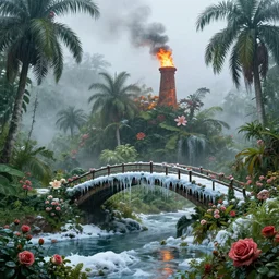 tropical island, ornate, beautiful, atmosphere, vibe, mist, smoke, fire, chimney, rain, wet, pristine, puddles, melting, dripping, snow, creek, lush, ice, bridge, forest, roses, flowers, by stanley artgerm lau, greg rutkowski, thomas kindkade, alphonse mucha, loish, norman rockwell