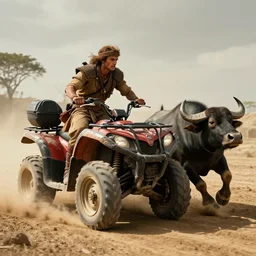 solo ancient indian on atv, buffalo chase ,attacking, action scene, an epic fantasy, dramatic lighting, cinematic, establishing shot, extremely high detail, photorealistic, cinematic lighting, artstation, octane render, by simon stalenhag, horizon forbidden west,old photo, high speed photography, vintage, mad max