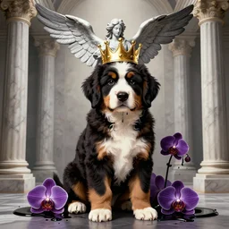 alpha bernedoodle puppy with a gold crown by alex grey + orchids dripping black iridescent liquid, winged victory, moody, dramatic, confident, marble columns in background, transcendent, vibrant color, ornamented, clean linework, finely detailed, 4 k, trending on artstation, photorealistic, volumetric lighting, octane render