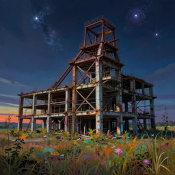 a beautiful hyperdetailed painting of architecture building abandoned industrial architecture nature opencast mine unfinished building by moon hoon, hyperrealism galactic uv light at dawn meadow nightsky nature thermal imaging cyberpunk infrared neon signs universe venus dieselpunk, archdaily, wallpaper, highly detailed, trending on artstation.