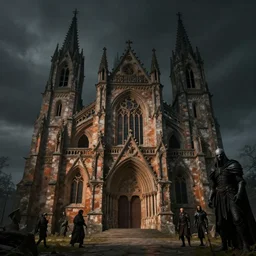 A orange poor looking medieval church by Greg Rutkowski, Sung Choi, Mitchell Mohrhauser, Maciej Kuciara, Johnson Ting, Maxim Verehin, Peter Konig, Bloodborne, 8k photorealistic, cinematic lighting, HD, high details, dramatic, dark atmosphere, trending on artstation
