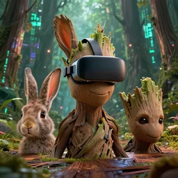 3 d head of rabbit as groot wearing vr headset + digital wood environment + matrix movie style + 4 k render, octane 3 d, global illumination lighting, movie by christopher nolan