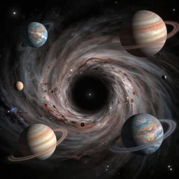 a whirlwind of planets being sucked into a black hole, astrophysics