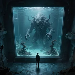 a person in a cold large empty room standing in front of a window in a aquarium, inside the water is an eldritch monster. concept art by jason a. engle, trending on artstation, context art, lovecraftian, cosmic horror, concept art. highly detailed masterpiece. unreal engine. 8 k. uhd. render. wideshot. high angle extreme long shot.