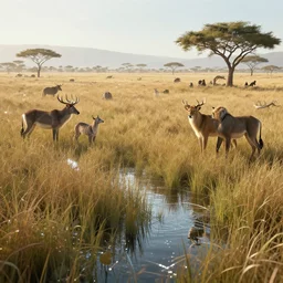distant cyberpunk wildlife on the african plains, long grass, sparkling water, glistening, hyper realistic, hyper detailed, digital art, trending in artstation, cinematic lighting, studio quality, smooth render, unreal engine 5 rendered, octane rendered, by jesper ejsing, wlop, paul lehr, beksinski
