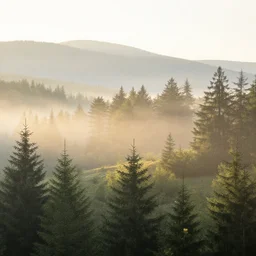magic carpathian forest at dawn filled with the gentle rays of the sun in a misty morning haze. alpine miracle available to anyone who at the dawn take a walk after the rain