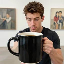 portrait of a ( ( ( black oversizeceramic mug of coffee ) ) ), dotado handsome nick jonas looking into the mug, 3 d photorealistic, parts by beksinski, parts by goro fujita, parts by yue minjun, by filip hodas