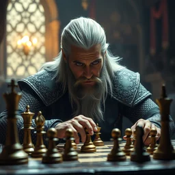 5 5 mm portrait photo of geralt playing chess. magical atmosphere. art by greg rutkowski. highly detailed 8 k. intricate. lifelike. soft light. nikon d 8 5 0.