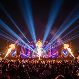 The next Tommorowland mainstage, lasers, festival, higly detailed, flamethrower, epic composition, octane render, unreal engine, trending on artStation, artstationHD, artstationHQ, cgsociety, 4k, 8k