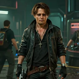 film still of Johnny Depp as Johnny Silverhand in Cyberpunk 2077, gameplay, 8k, HD
