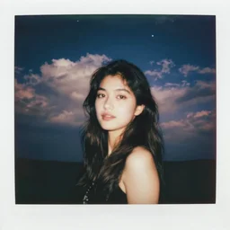 an aged polaroid portrait of a beautiful young woman at night, detailed clouds, stars are visible in the sky, heavy film grain, color bleed