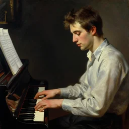 attractive male, playing piano, low - key lighting, vaporwave, painting by gaston bussiere, craig mullins, j. c. leyendecker
