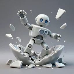 dissection of crazy ceramic exploding crash miniature toy Figure Robot scientist falling apart 8K, zbrush, c4d, in a Studio hollow, surrounded by flying parts, from avengers, explosion drawing, by wlop, beeple, boldtron