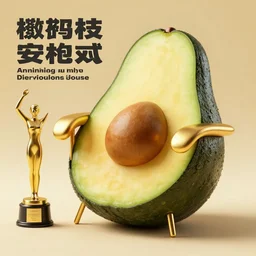 golden armchair that looks like avocado, an award statuette, promotional photo