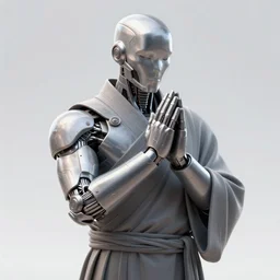 a cyborg warrior monk praying, cyborg hands praying, wearing a flowing cloak, cyborg hardware, 3 d render, octane, zbrush, painting, artstation, concept art, smooth, sharp focus, illustration, art by artgerm and greg rutkowski