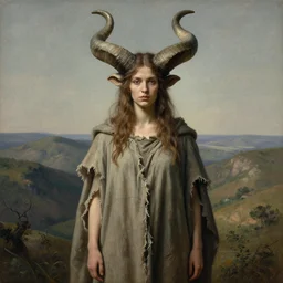 A detailed woman with huge horns stands among the hills. Wearing a ripped mantle, robe. Perfect faces, extremely high details, realistic, fantasy art, solo, masterpiece, art by Zdzisław Beksiński, Arthur Rackham, Dariusz Zawadzki