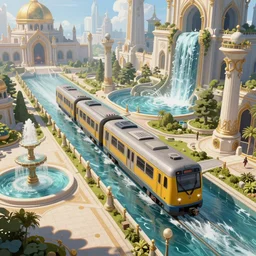 An urban train rides inside of a waterway on a fantasy city, next to a fountain and a mystical palace,, waterfall, intricate, elegant, volumetric lighting, digital painting, highly detailed, artstation, sharp focus, illustration, concept art, ruan jia, steve mccurry