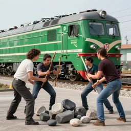 aggressive people with sticks and stones surrounded two people, against the background of a russian green electric train locomotive, realistic, 4 k, ultra render, unreal engine