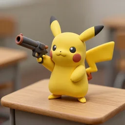 clay sculpture of pikachu holding a gun and standing on a wooden desk, clay sculpture, 33mm, high res photo