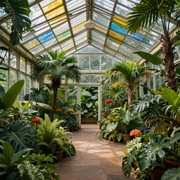magician's tropical greenhouse garden with colored glass coverhighly detailed, mysterious, comfort, 8 k