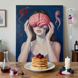 “ sensual, a portrait in a female art student ’ s apartment, pancakes, woman holding a brain from inside a painting, berries, octopus, iv drip ; scientific glassware, art supplies, a candle dripping white wax, berry juice drips, neo - expressionism, surrealism, acrylic and spray paint and oilstick on canvas ”