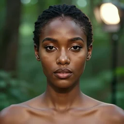beautiful portrait, ( ( head shot ) ), brown skin, sharp focus, neo classic, bloom, movie still, dogi, sony, symmetrial, makeup, sephora, loreal, green highlights, lens flare, studio light, octane render, maybelline, model, forest, traditional, vsco, bokeh, 8 k
