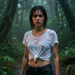 adventure girl looks toward camera in jungle rain, soaking white!!!! tshirt tied in knot, torn!! clothing, fear, short dark hair, sweaty abs, evening, hyperrealistic, unreal engine 5, detailed render, atmospheric haze, dim natural lighting, mid distance