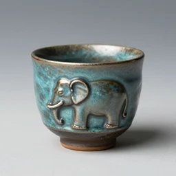 raku elephant sake cup, horse hair, raku metallic, turquoise, mottled, smokey, crackle, spot lit, deep color
