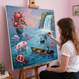 female emo art student in her apartment, painting of flood waters inside an artist's feminine bedroom, a river flooding indoors, pomegranates, pigs, ikebana, water, octopus, river, rapids, waterfall, black swans, canoe, berries, zen, acrylic on canvas, surrealist, by magritte and monet