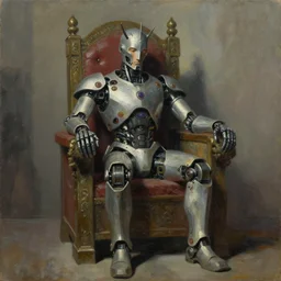 weary cyborg king on a throne, dystopian, pj crook, edward hopper, oil on canvas