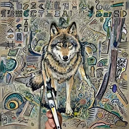 Human-wolf, holding brush, artwork by Bob Ross,