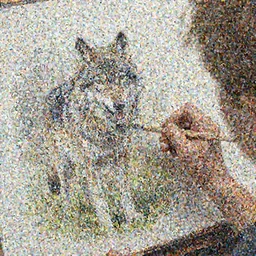 Human-wolf, holding brush, artwork by Bob Ross,