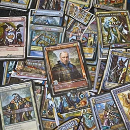 full frame close up photo of some Magic the Gathering cards on a table, the one on top and framed perfectly for this photo is depicting Vladimir Putin as a wizard, high quality, 8k,