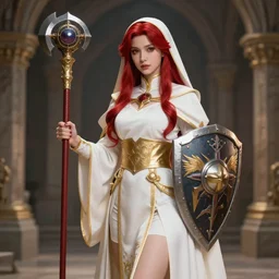 Full-body picture of beautiful young priestess, White and gold robes, red waist-long hair, mace and shield, visible face, dungeon and dragons, high fantasy, alluring, artstationhd, artstationhq, trending in artstation, safebooru, ultra HD