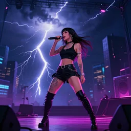 Lightning storm while lady rapper performs on stage, digital art, vapor wave, hip hop, blade runner, trending on Artstation, professional artist, detailed, 4k